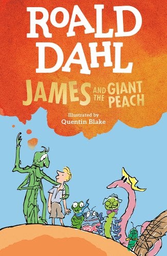 James and the Giant Peach by Roald Dahl book cover of a young boy surrounded by little insects on a peach.