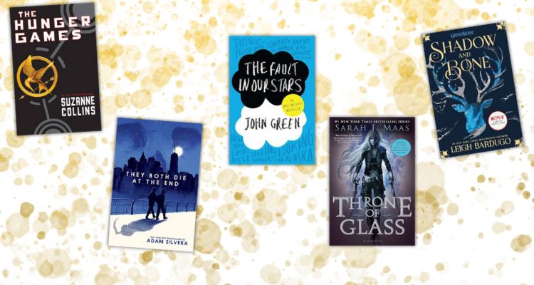 The covers of The Hunger Games, The Fault in Our Stars, Shadow and Bone, Throne of Glass and They Both Die at the End displayed over a white background with gold, circle backsplash