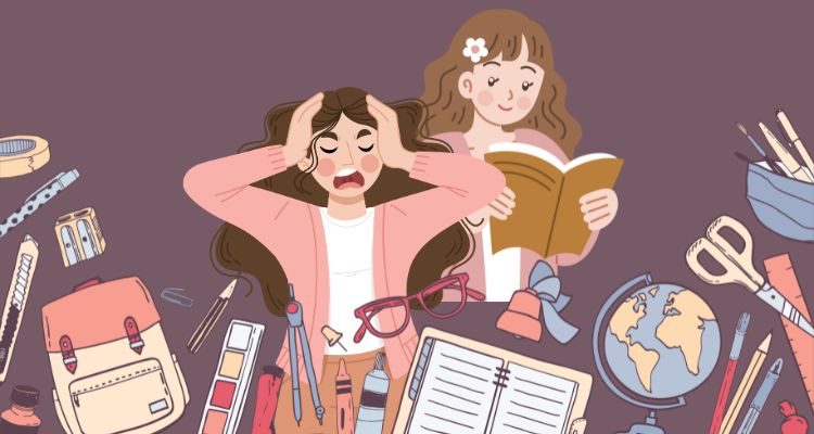A girl panics, surrounded by school supplies while another girl reads.