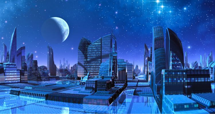 A crescent moon over a futuristic city with class and chrome buildings.