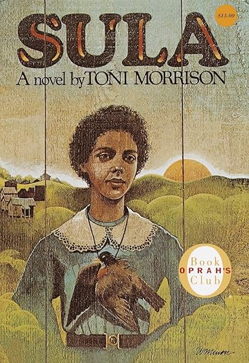 Another copy of Sula but a different version. It has an image of a young black girl with a bird tied to her neck. There is a background of rolling green hills and a setting sun.
