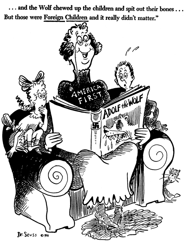 Dr Seuss cartoon with a woman sitting on a chair reading a book to two children. The book is titled "Adolf the Wolf". The woman's shirt says "America First".