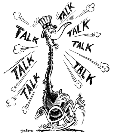 A creature with a long neck is wearing a striped top hat and sitting in a rocking chair. The word "talk" is placed multiple times around him.
