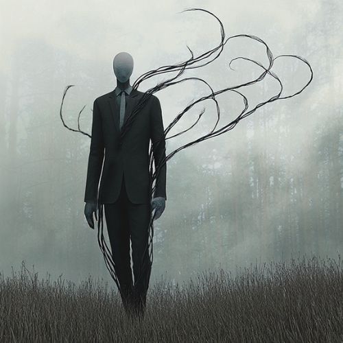 Slenderman standing a misty field. He is wearing a suit and has wispy strands extending outwards.