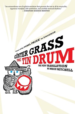 The Tin Drum by Gunter Grass with a character stenciled on the bottom left-hand corner.