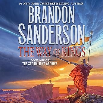 The Way of the Kings by Brandon Sanderson and narrated by Michael Kramer and Kate Reading audiobook cover showing two figures, one near and one distant, pointing their weapons to the left. They're standing near a large cliff.