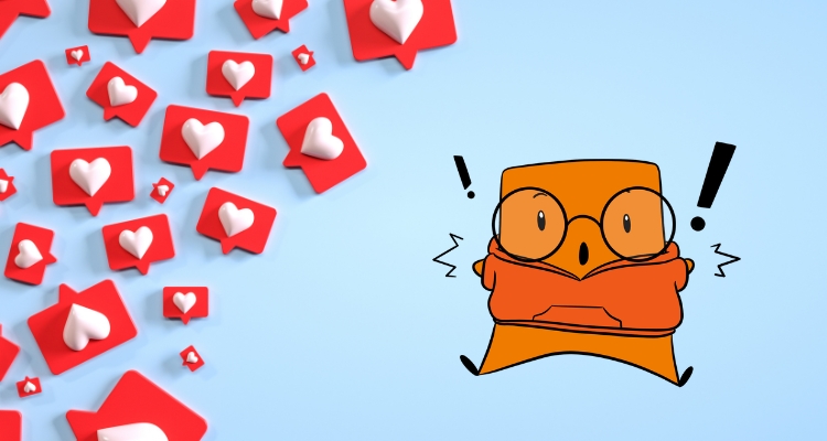 Small block-shaped orange character looking surprised next to a number of message icons with hearts on them.