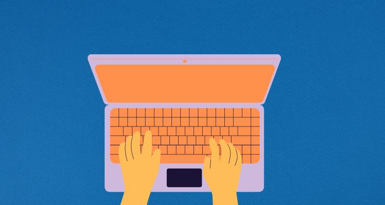 two hands typing on a purple laptop against a dark blue background