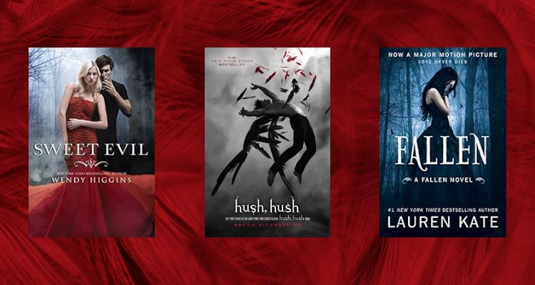 Sweet Evil by Wendy Higgins, Hush, Hush by Becca Fitzpatrick, and Fallen by Lauren Kate book covers on a background of red smoky swirls.