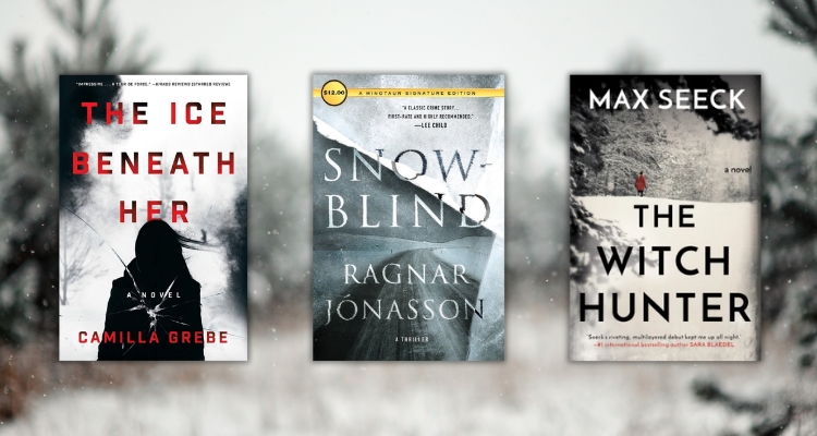 The Ice Beneath her by Camilla Grebe, Snowblind by Ragnar Jónasson, and The Witch Hunter by Max Seeck book covers on a blurry background of snow falling on trees.