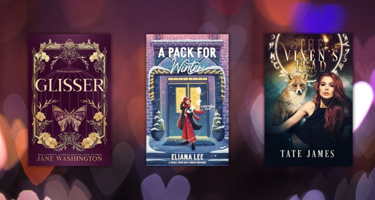 Glisser by Jane Washington, A Pack for Winter by Eliana Lee, and The Vixen's Lead by Tate James book covers on a background of floating blurry hearts.