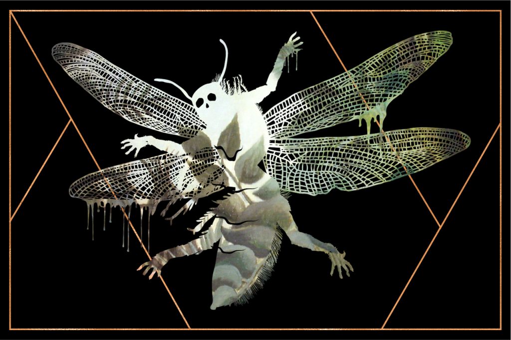 A moth-like creature with arms coming out of its thorax and near its four wings is pronted in green and white on a black background with yellow lines running across in a large geometric pattern.
