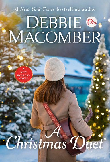 The cover of a cozy holiday romance book features a woman in a winter coat and knit hat holding a guitar amid twinkling Christmas lights.