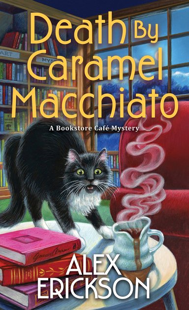 A cozy mystery book cover with a startled black cat near a steaming cup of coffee, set inside a warm bookstore café.