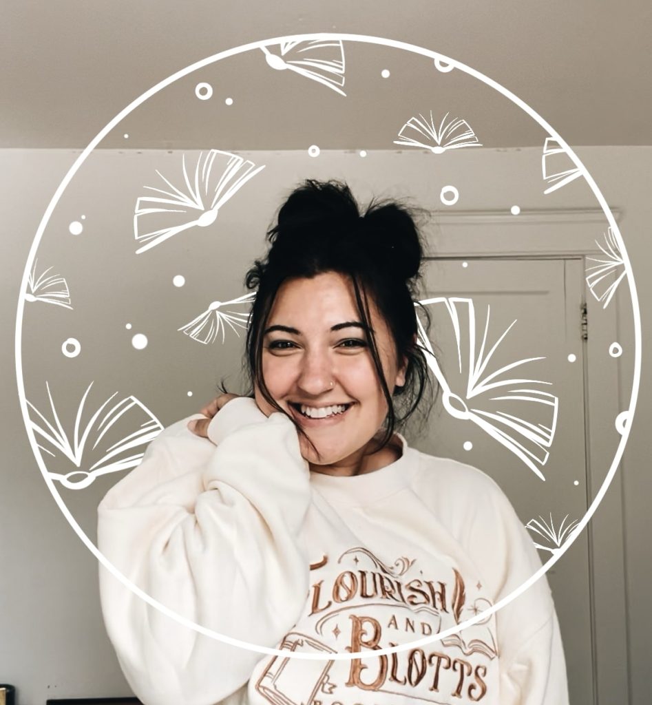 Kenzie G smiling at the camera. Her face is framed by a white circle with floating open books and smaller circles surrounding her overlaid on the backgorund.