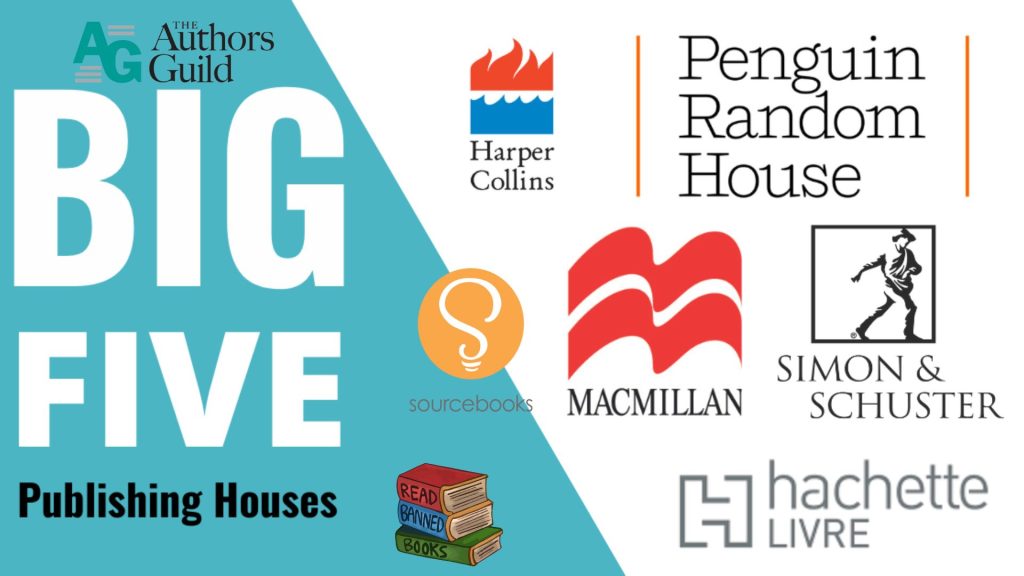 A list of notable publishing houses with their logos: HarperCollins, Penguin Random House, Macmillan, Simon & Schuster, Hachette, Sourcebooks, Authors Guild.