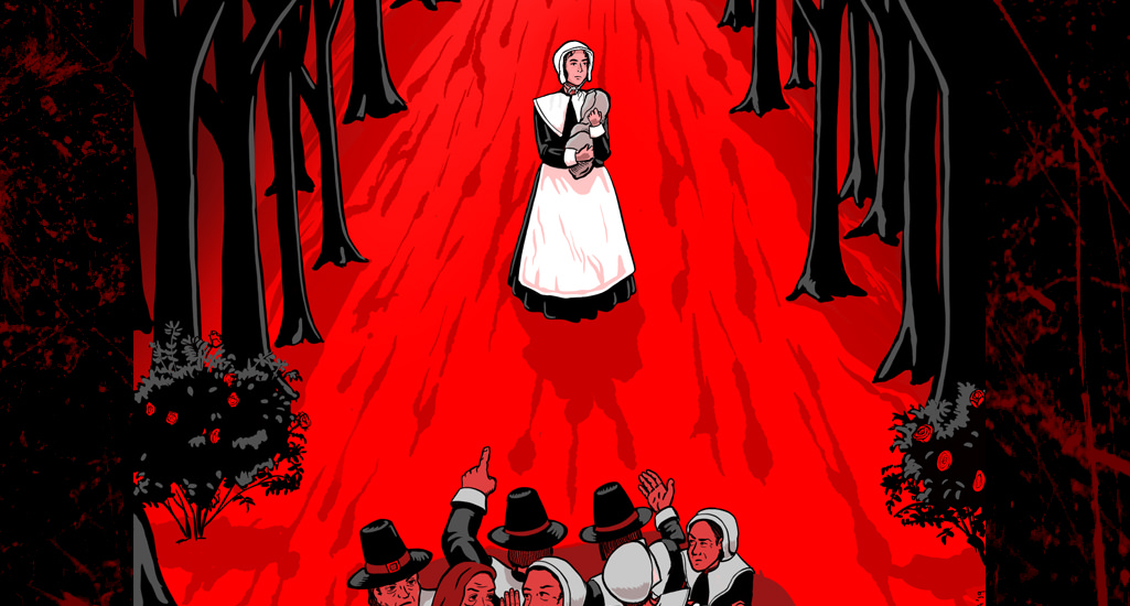 Drawing depicting a red and black forest with Hester Prynne and her daughter standing in the center. Many townsfolk are at the edge of the image seen pointing figures and talking about Heather.