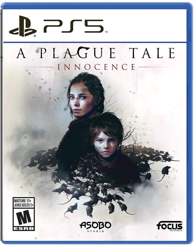 A Playstation 5 cover for A Plague Tale: Innocence. A white background with a somber young woman and little boy. A heap of black rats beneath them.