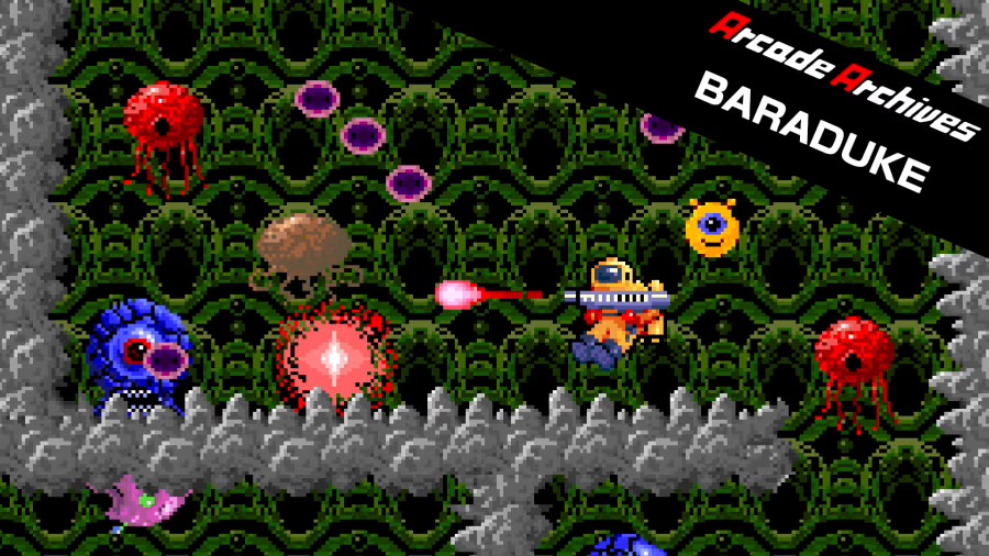 A retro video game play screen. A yellow astronaut shoots at blue, red, and yellow alien creatures. A green background with gray platforms. Arcade Archives Baraduke is in white text in the corner.