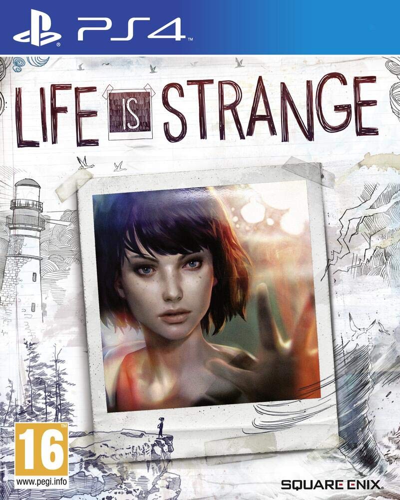 A Playstation 4 cover for Life Is Strange. A notebook paper sketch of a lighthouse, forest, and storm. In the center, a polaroid photo of a woman with short dark hair who holds her hand in front of her.