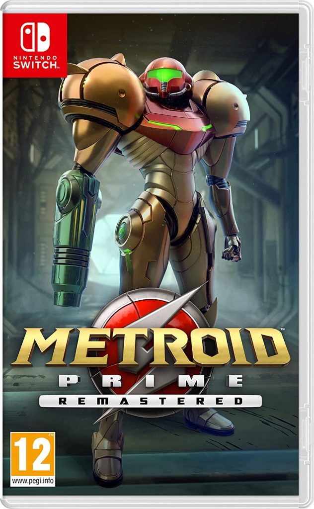 A Nintendo Switch video game cover for Metroid: Prime Remastered. A space hunter in a metallic yellow suit with a red helmet and green arm gun attachment.