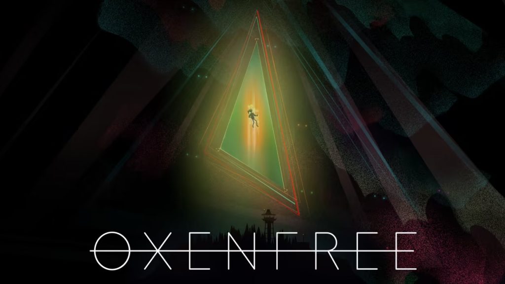 A girl floating in a green and yellow triangular portal. Shadowy figures appear in the darkness around the portal. Oxenfree is written in white lettering.
