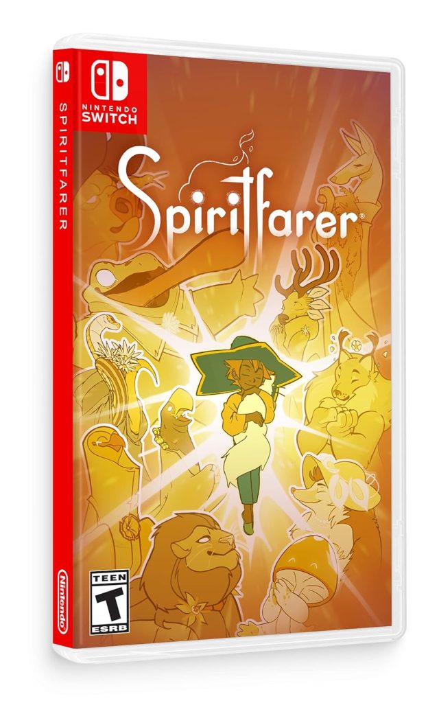 A Nintendo Switch cover for Spiritfarer. An orange background full of animal spirits. In the center, a Black girl with yellow hair and a green and yellow outfit cuddles a white cat. A beam of light behind her.