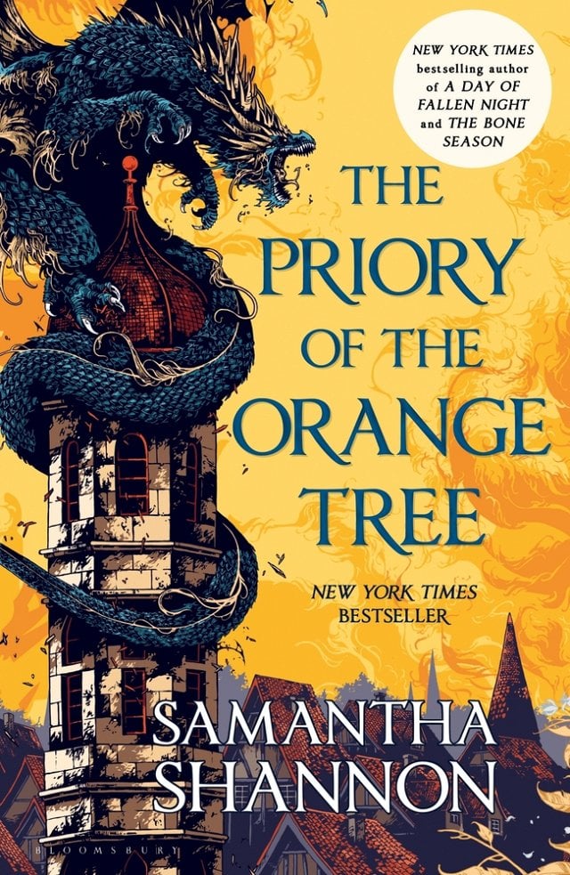 The cover of The Priory of the Orange Tree by Samantha Shannon features a dark, serpentine dragon coiling around a tall, medieval-style tower against a warm, golden sky. The book's title is in bold blue letters.