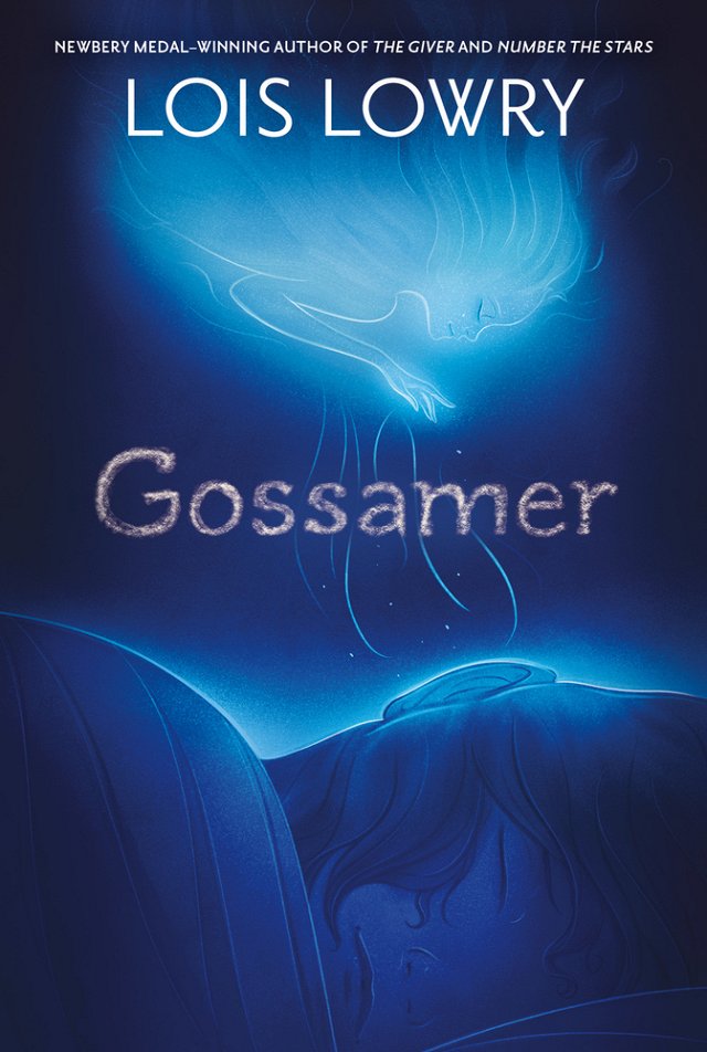 A dark blue background. A child sleeps while above them a light blue fairy creature sends magic to their ear. Gossamer in silver lettering.