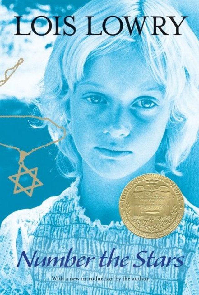 A blue-filtered picture of a blonde girl. A gold Star of David necklace. The gold Newbery Medal decal. Number the Stars in dark blue lettering.