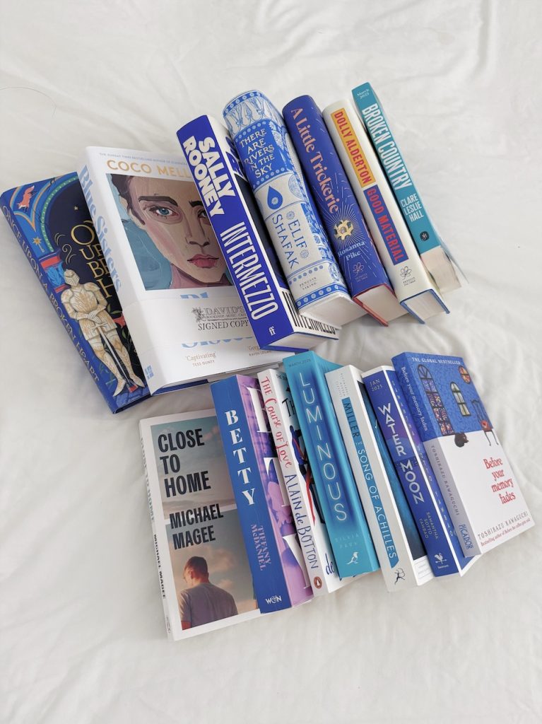 Sideways stack of 14 different books, all blue, on a sheet. It is split into two stacks of seven.