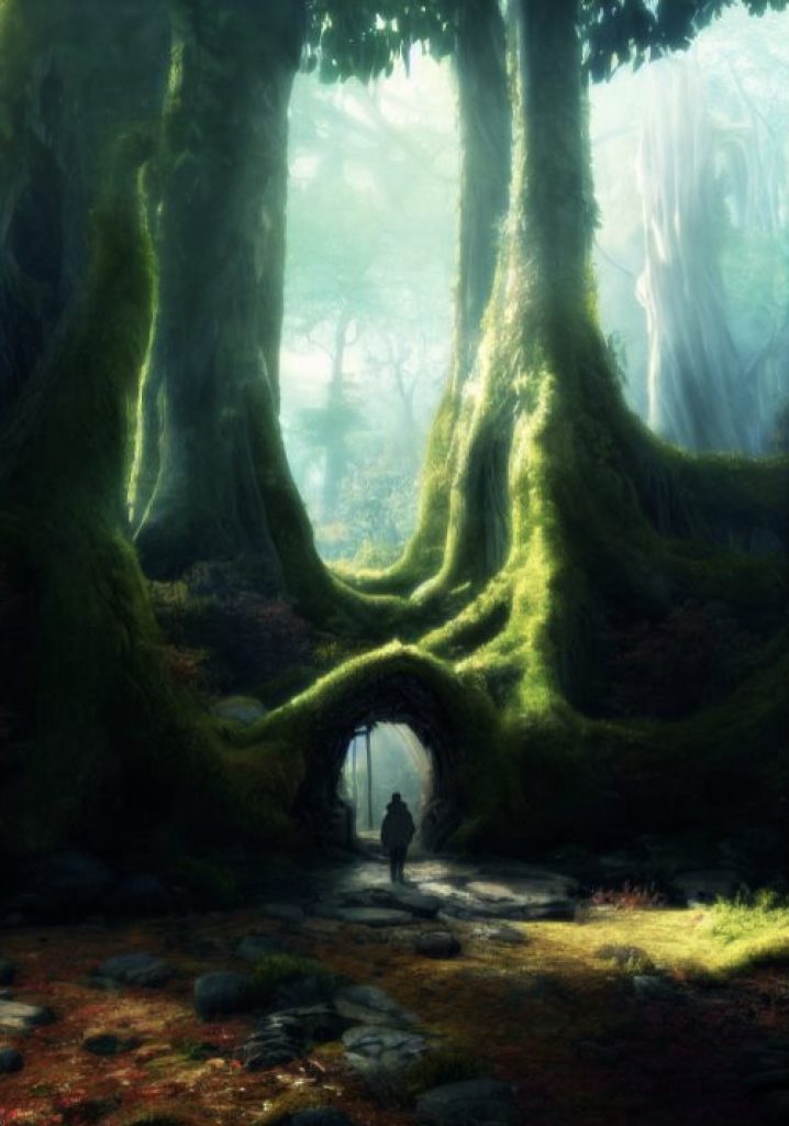 A person walks through a large magical forest. The trees are tall and covered entirely in moss, and the person walks under a 'bridge' made of the tree roots.