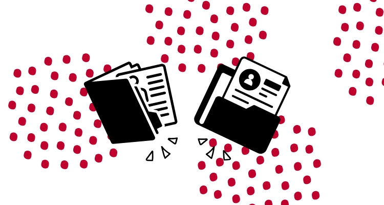With a dotted red pattern, two folders sit in the middle with two pieces of papers sliding out with writing on them and a profile picture.