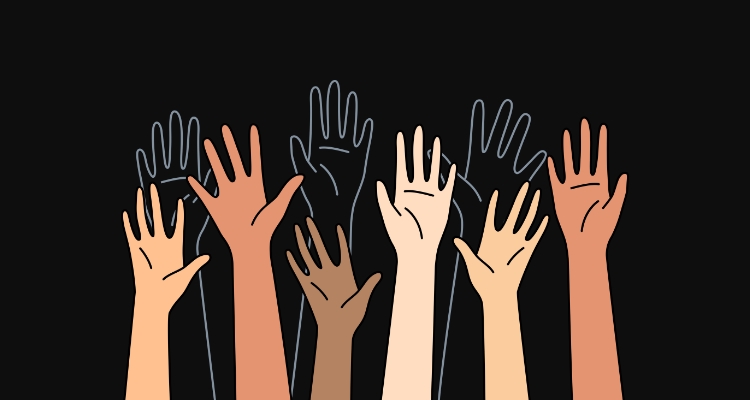 Six prominent, diverse hands are raised while three more shadow the back.