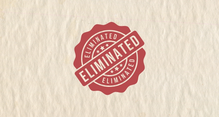 A red seal with the words "eliminated" on it sits in the middle of a piece of paper.