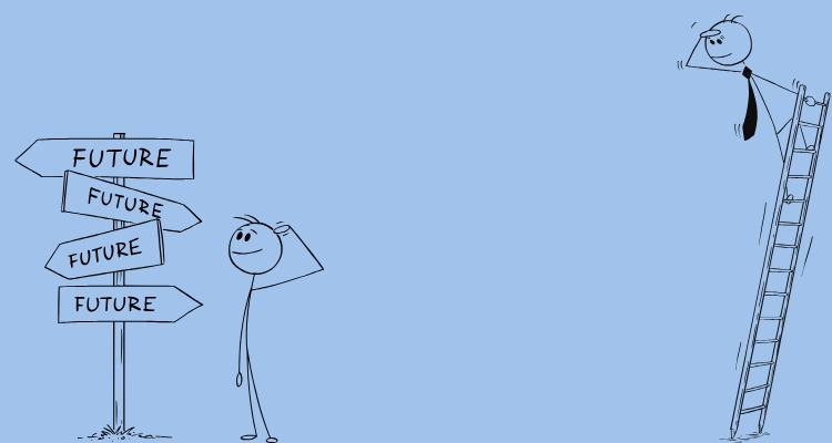 Image shows a blue background with one stick figure looking at four future signs pointing in different directions, while another one with a tie is on the top of a ladder looking past the future signs.