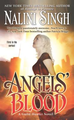 Angels' Blood by Nalini Singh, featuring a dramatic cover with a silhouetted female figure against a golden-orange sky. The title and author’s name are in bold, prominent text.