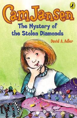 The book cover of Cam Jensen: The Mystery of the Stolen Diamonds by David A. Adler depicts young detective Cam Jansen with short red hair, a thoughtful expression, and an illustrated pile of colorful jewels. The title is in a bold, playful font.