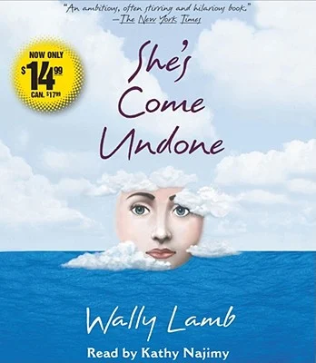 She's Come Undone book cover by Wally Lamb, depicts a woman’s face emerging from ocean waves beneath a cloudy sky.