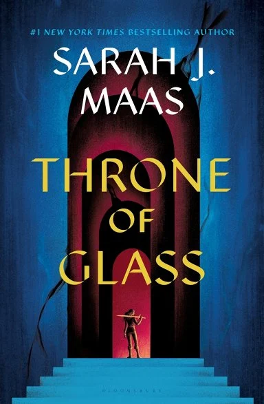 Throne of Glass book cover by Sarah J. Maas, featuring an arched doorway with vibrant red and blue tones, and a lone figure standing with a weapon