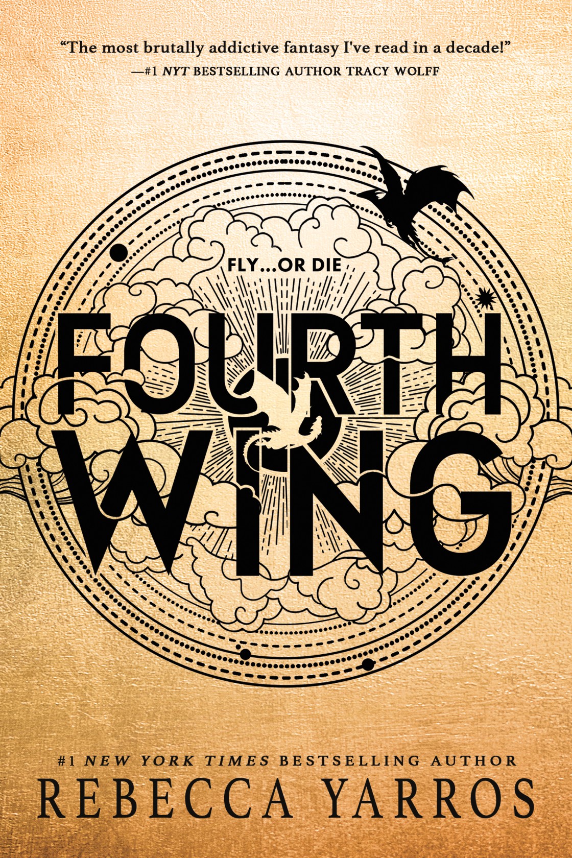 A bestselling fantasy novel Fourth Wing by Rebecca Yarros, featuring an intricate black and gold design with dragons and celestial patterns.