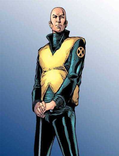 Professor X standing in an X-MEN suit, (blue undershirt with a yellow vest).
