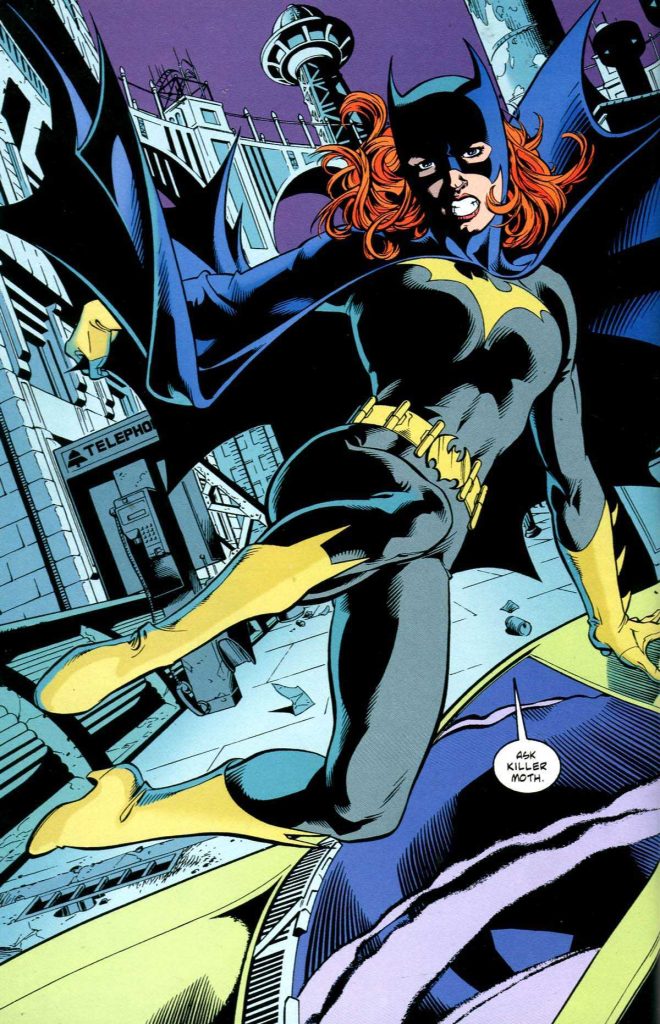 Barbara Gordon as Batgirl (black leather suit with yellow accents, Bat emblem, cape and cowl). She is kicking in midair with the streets of Gotham behind her.