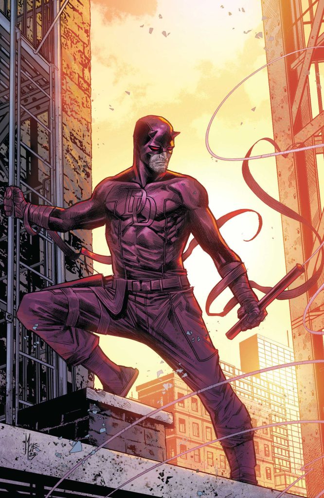 Matt Murdock as Daredevil (full red leather bodysuit and cowl) standing on a rooftop between buildings, holding a nunchuck rope. Behind him is the orange setting sun.