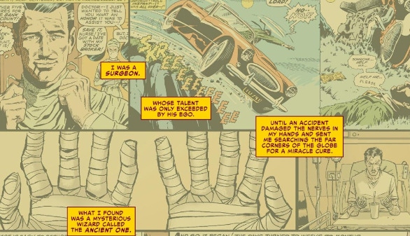 Comic strip of Dr. Strange's backstory. Includes his career-ending car crash and hand injury.