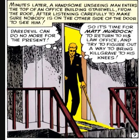 Matt Murdock leaving his house with his walking cane, bathed in light surrounded by speech bubbles. Speech bubbles describe Matt heading to the office for the day.