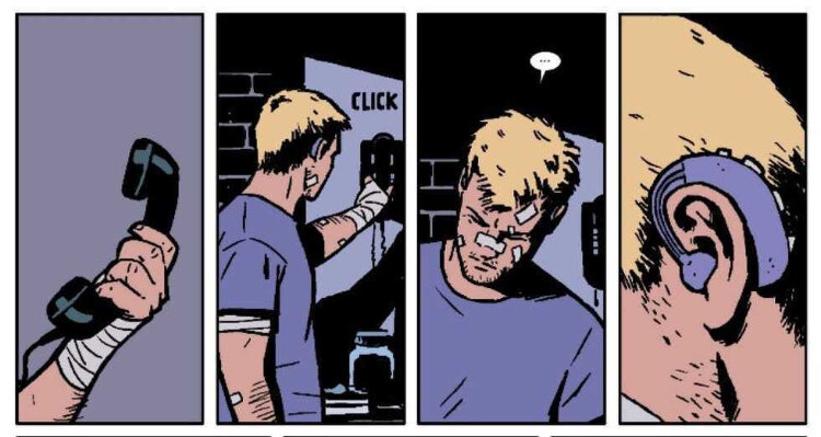 Clint Barton ending a phone call. His face is bandaged and he is wearing a purple hearing aid.