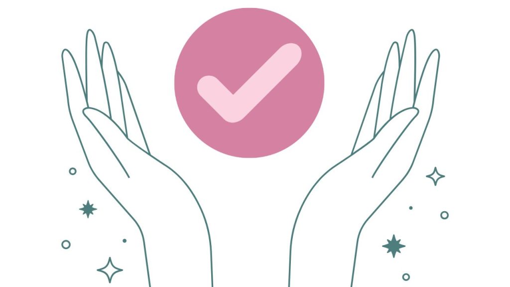 Silhouette hands with stars shining on each side. In the center of the open hands is a pink checkmark.