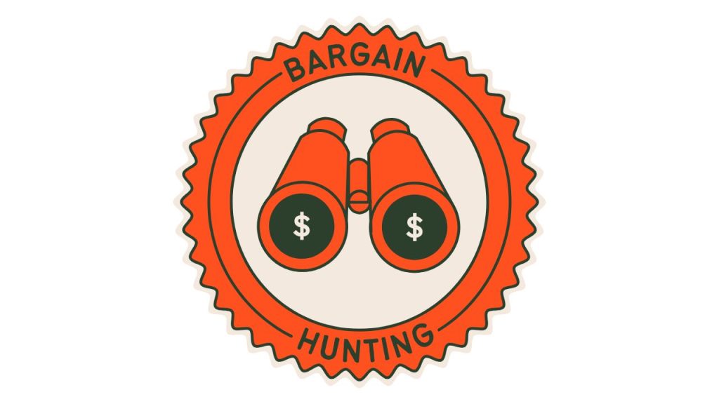 A sticker-like image with the words "bargain" and "hunting". A pair of binoculars in the center with dollar signs in each lens.