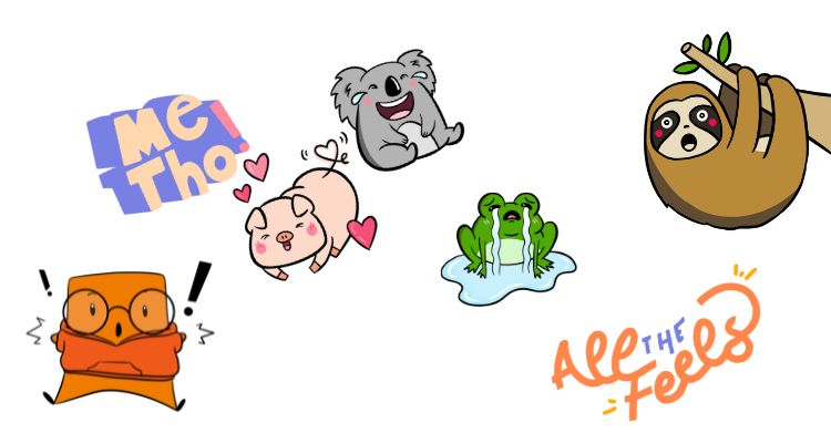 mutiple cute illustrations of reactions on Wattpad: a surprised orange square with glasses , a shocked sloth, crying frog, "all the feels" in swirly font , a laughing koala, and "Me Tho!" in blocky text